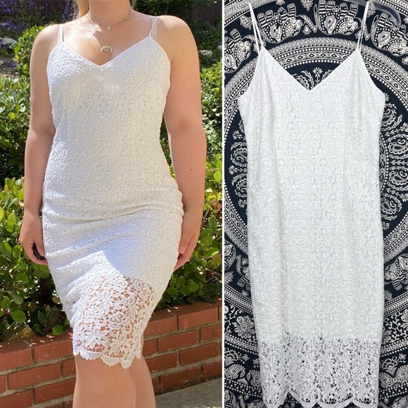 white house black market white lace dress Contrast Lace Midi Dress